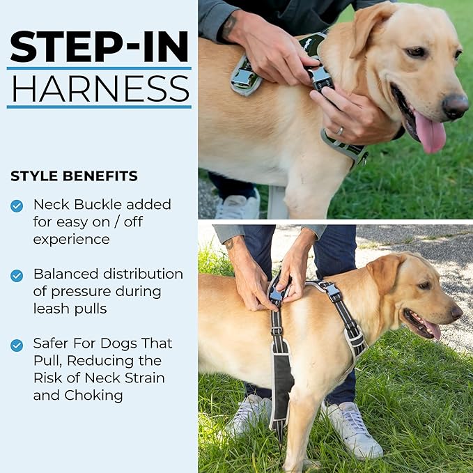 Step in Dog Harness for Large Dogs, Black, Adjustable, Easy On Off, No Pull Through Design, 2 Dog Leash Points, 3M Reflective Trim, Neoprene Padded Control Handle