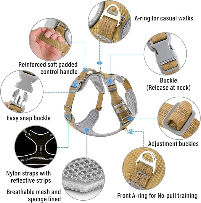 Plutus Pet No Pull Dog Harness, Release at Neck, Reflective Adjustable Dog Vest Harness, Easy Control Handle for Walking, for Small Medium Large Dogs, Khaki, XL
