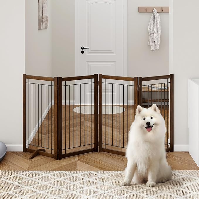 Wire Dog Gate Solid Wood Frame, Anti-Chewing, 4-Panel, 36" Height, 80" Width, Indoor Freestanding Pet Gate Foldable Wooden Dog Fences for Stairs, House, Doorway, Walnut Color