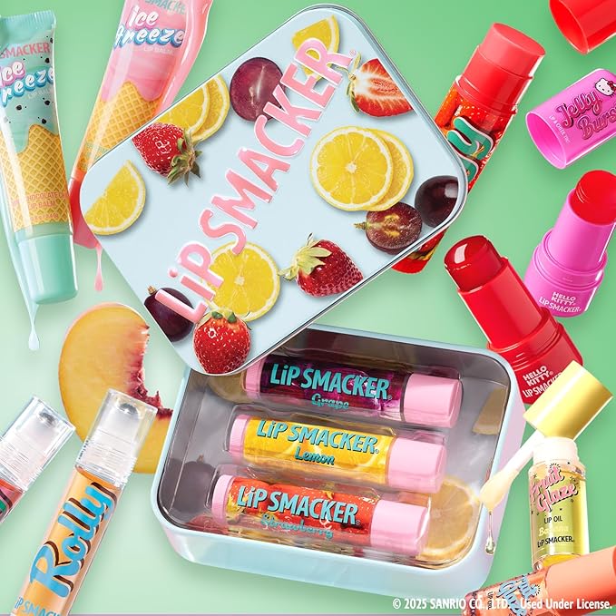 Lip Smacker Nostalgia Lip Balm Trio Tin, Original & Best Flavors, Grape, Lemon, and Strawberry, Moisturizing & Hydrating Lip Care, Clear Glossy Finish, Fun & Collectible Gift Set for All Ages