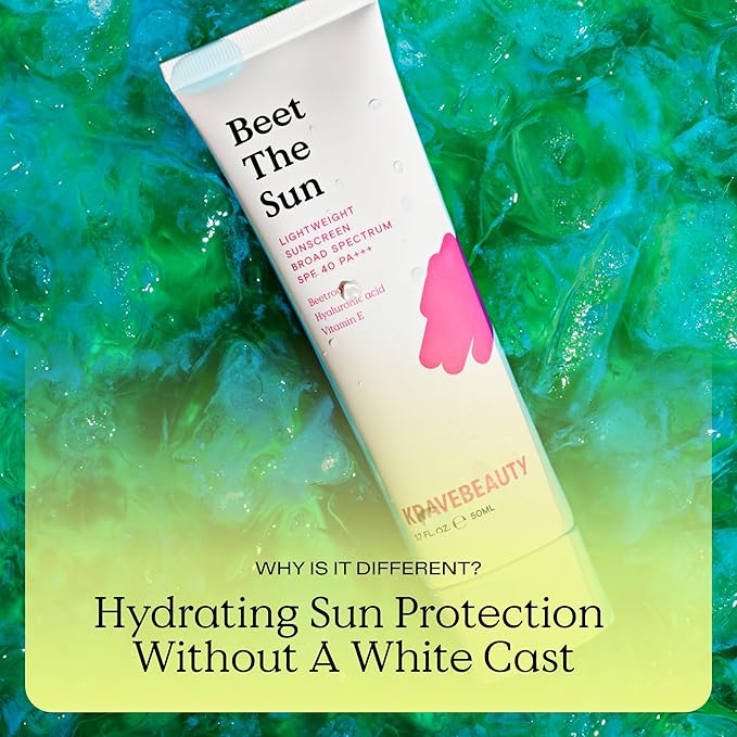 KraveBeauty Beet The Sun Lightweight Sunscreen SPF 40 PA+++, Broad Spectrum Facial Sunscreen with Beet Root Extract & Hyaluronic Acid, Non-Greasy Daily SPF Lotion for Face, Fragrance Free, 50 mL