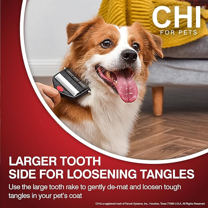 CHI for Dogs 2-in-1 Dematting and Deshedding Rake - Dual-Head Grooming Tool for Mats and Knots - Flip-Out Fine Rake for Smoothing Coats - Large Blade for Thick Fur - Dog Detangler Comb