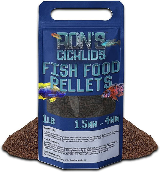 RON'S CICHLIDS Adult African Cichlid Fish Food Pellets – USA Made Slow Sinking Cichlid Pellets & Sticks Feed, Low Fillers, Ideal for Cichlid Food, Koi, Goldfish, Pleco, Oscar & Tropical Fish, 1 LB