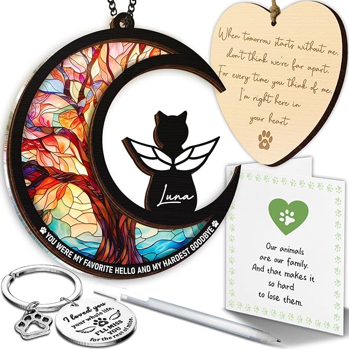 6" DIY Cat Angel Memorial Suncatcher, Engraved Pet Memorial Ornament, Pet Sympathy Keychain, Loss of Animal Sympathy Card, Rainbow Bridge Cat Loss Gift, My Favorite Hello Hardest Goodbye PS191