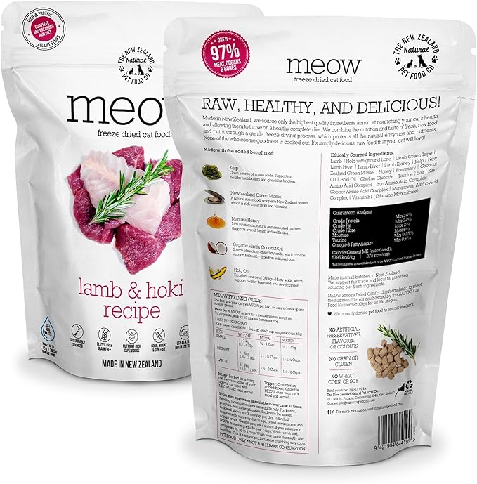The New Zealand Natural Pet Food Co. Meow Freeze Dried Cat Food - Lamb & Hoki Recipe, High Protein Treats, Meals & Toppers, Dry Cat Food, 9.9 oz