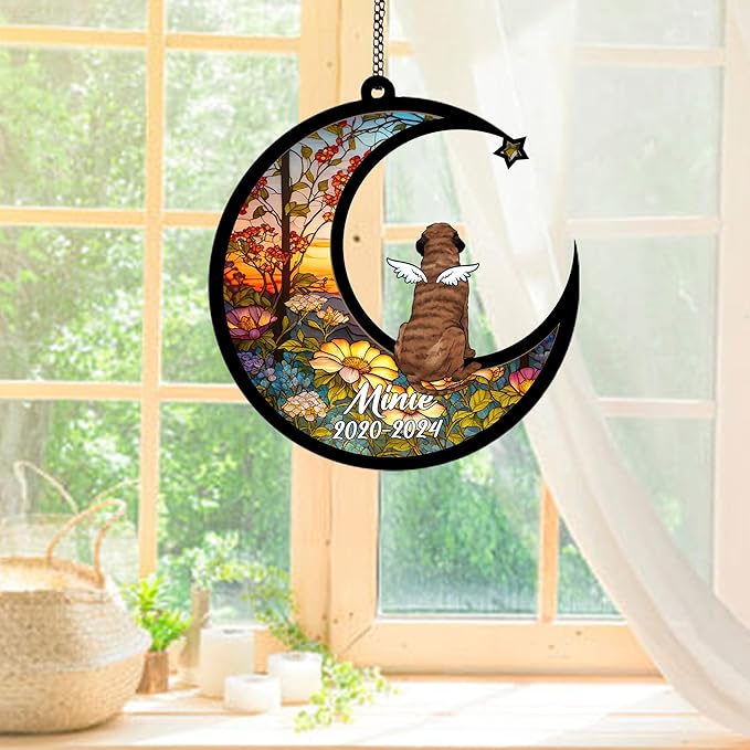 Personalized Bull Mastiff (Brindle) Sun Catcher, Dog Memorial Gifts, Custom Bull Mastiff (Brindle) with Wings Ornament Christmas Tree, Loss of Dog Sympathy Gift Memorial Suncatchers