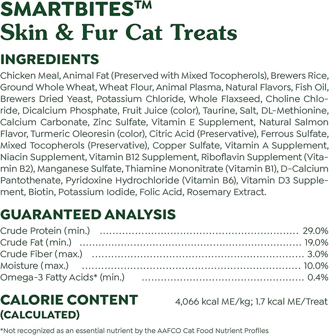 Greenies Feline Smartbites Skin & Fur Crunchy and Soft Cat Treats, Salmon Flavor, 2.1 oz. Pack
