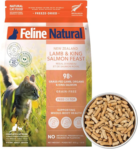 Feline Natural High Protein Dry Cat Food, Freeze-Dried Diet with 98% Meat, Organs & Seafood, No Peas, Grains, or Artificial Additives, Made in New Zealand, Lamb & King Salmon, 1.8lb