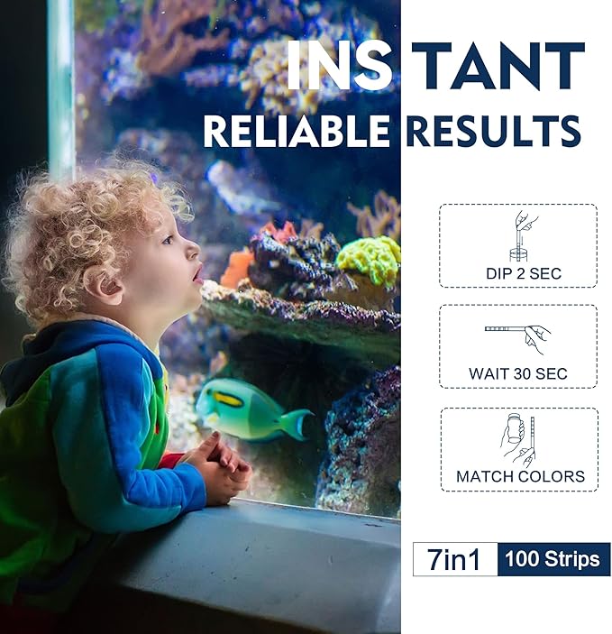 Aquarium Test Strips, 7-Way Freshwater Saltwater Fish Tank Pond Test Kit, 100 Strips, Nitrate, Nitrite, Chlorine, Hardness, Alkalinity, Carbonate, pH