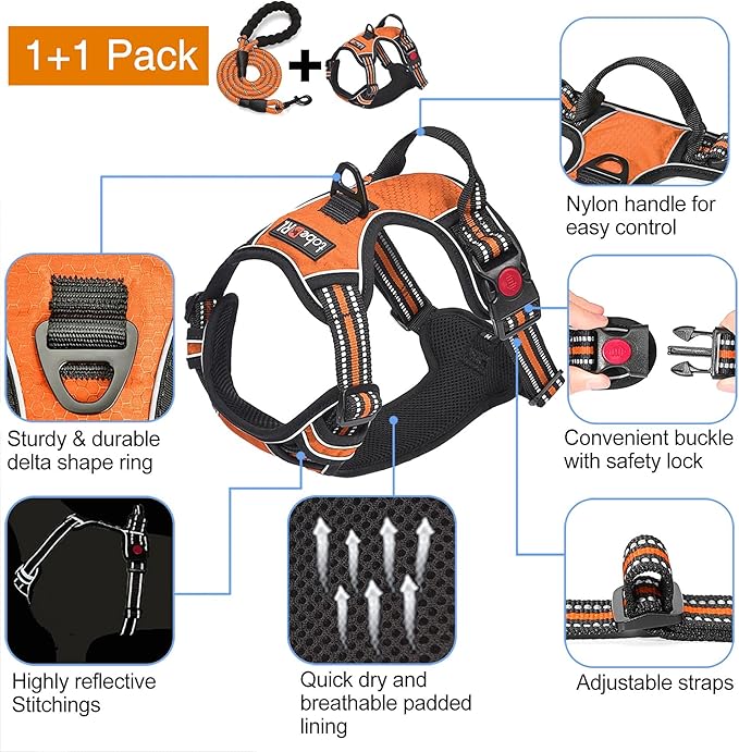 No Pull Dog Harness Adjustable Reflective Oxford Easy Control Medium Large Dog Harness with A Free Heavy Duty 5ft Dog Leash