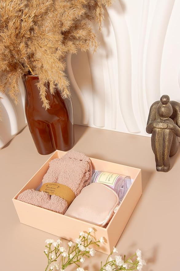 Spa Gift Set for Women – Relaxation Gift Box with Candle, Fuzzy Socks, Satin Eye Mask – Spa Kit for Birthday, Thank You, Bridesmaid, Holidays (Blush Pink)