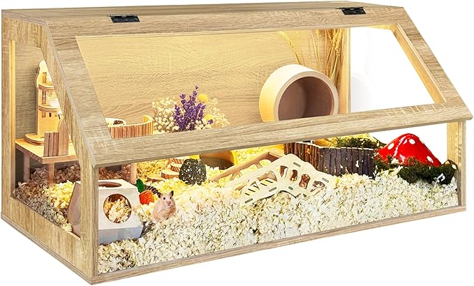 PROLEE Hamster Cage Chewproof, Sloped Mice and Rat Habitat with Clear View, Solid Built with Lockable Design and Openable Top (White Oak)