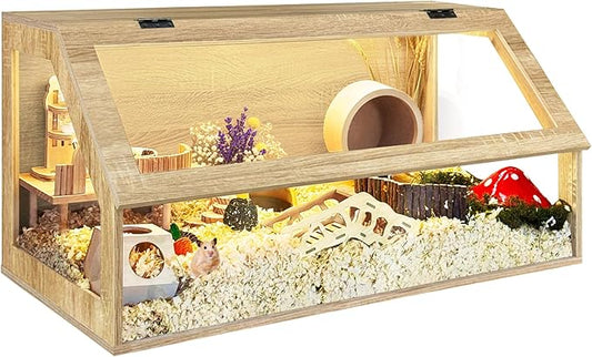 PROLEE Hamster Cage Chewproof, Sloped Mice and Rat Habitat with Clear View, Solid Built with Lockable Design and Openable Top (White Oak)