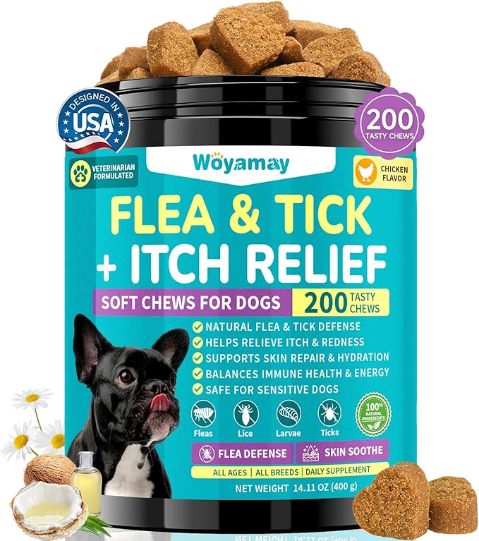 Flea & Tick + Itch Relief for Dogs Chewables, Flea and Tick Prevention for Dogs, Dog Allergy Chews, Dog Itching Skin Relief & Skin Repair, Flea Treatment Dogs, 200 Soft Chews, Chicken Flavor