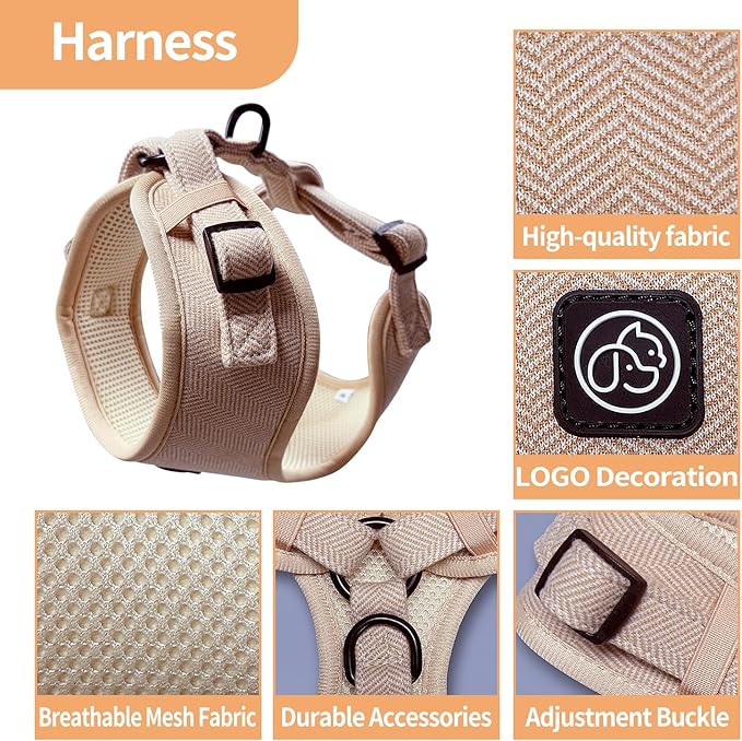 EVERKING 5-Piece Dog Travel Set, Adjustable Harness, Leash, Collar, Poop Bags, Bowtie for Small Medium Dogs, Beige, Breathable No-Pull Design (Beige, XXS)
