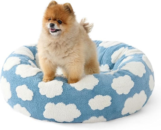 LE SURE Donut Small Dog Bed - Round Cat Beds for Indoor Cats as Gift, Cute Modern Beds with Jacquard Shaggy Plush & Anti Slip Bottom, 27 Inch, Blue