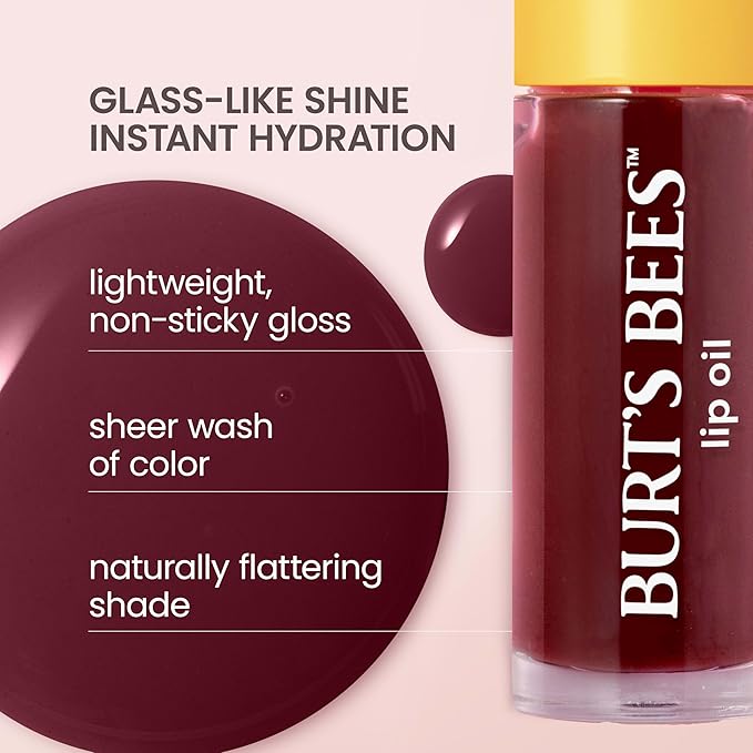 Burt's Bees Lip Oil Plum Twilight, Instant Hydration, Nourishes and Softens Lips, Sheer Wash of Color, High Shine Finish, Responsibly Sourced Jojoba Oil, Non Sticky, Wand Applicator, 0.15 Ounce