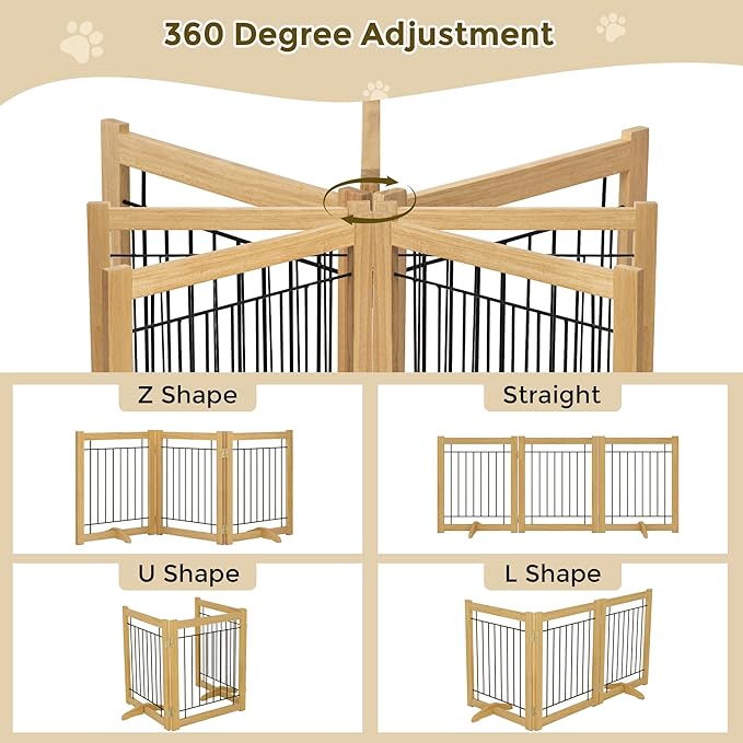 Wire Dog Gate Solid Wood Frame, Anti-Chewing Pet Gate Indoor Freestanding Indoor Foldable Dog Fences for Stairs, House, Doorway Extra Wide, 3-Panel, 60" Wide Oak Color