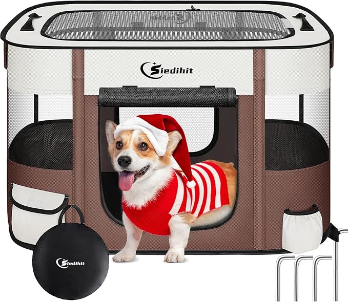Dog Cat Playpen, Pet Puppy Portable Playpens for Outdoor Travel Crate, Indoor After Surgery Use, Foldable Dog Kennel Tent for Rabbit or Small Animals and Tent Stakes (Brown, Large)