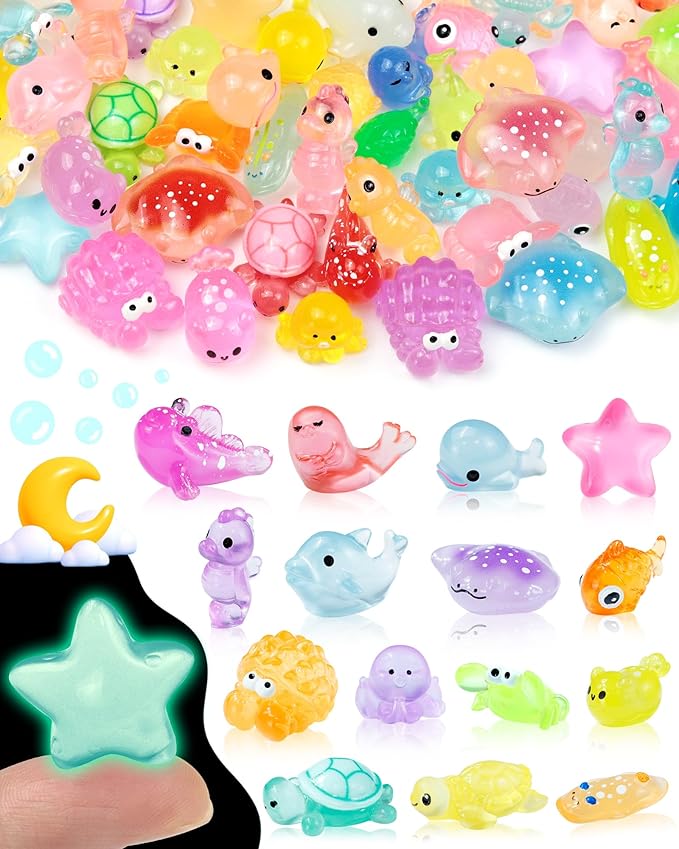 FIVEIZERO 102PCS Luminous Mini Resin Aquatic Animals Bulk - 15 Styles Glow in The Dark Plastic Tiny Sea Creatures for Dollhouse, Fairy Garden, Aquarium, Party Favors & DIY Craft Decor
