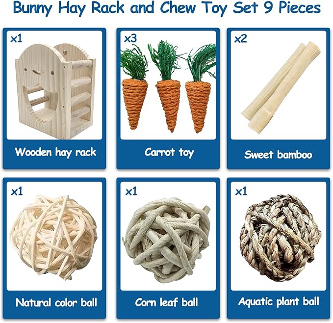 Hamiledyi Wood Rabbit Hay Feeder for Cage Bunny Hay Manger Rack Small Animals Feeding Holder Wooden Grass Dispenser with Chew Toys for Guinea Pig Chinchilla Hamster 9Pcs