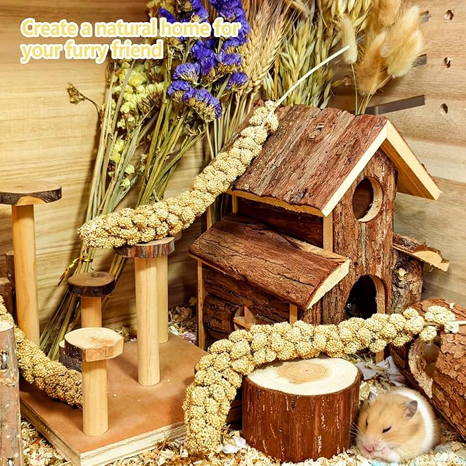 Natural Hamster Flower & Herb Habitat Deocr, Edible Hamster Sprays Flowers Bedding Mate, Hamsters Cage Enrichment Decoration Accessories for Gerbil Dwarf Syrian Hamsters Guinea Pig Mice