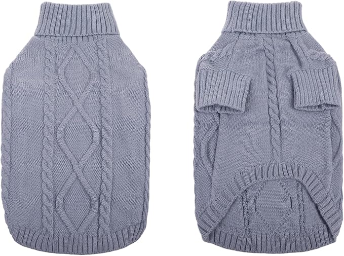 Queenmore Small Dog Pullover Sweater, Cold Weather Cable Knitwear, Classic Turtleneck Thick Warm Clothes for Chihuahua, Bulldog, Dachshund, Pug, Yorkie (Grey, Medium)
