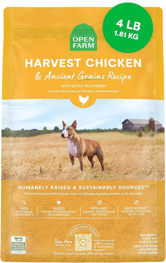 Open Farm, Ancient Grains Dry Dog Food, Protein-Rich & Nutrient Dense, 90% Animal Protein Mixed with Non-GMO Fruits, Veggies and Superfoods, Harvest Chicken Recipe, 4lb Bag