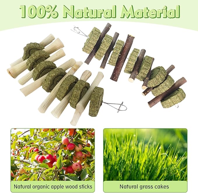 Hamiledyi 4PCS Bunny Chew Toys Rabbit Toys for Teeth Grinding Natural Fruit Sticks Organic Timothy Grass Cakes Chew Toys and Treats for Rabbit Bunny Guinea Pig Hamster Chinchilla