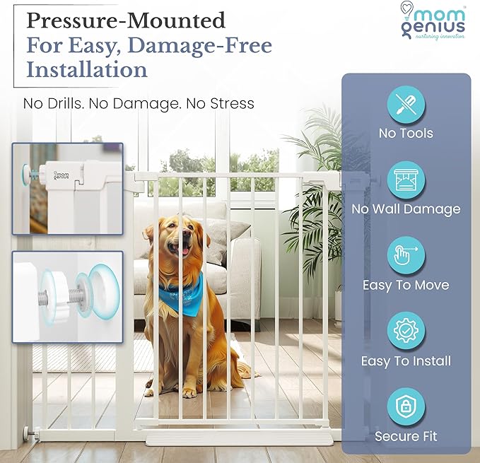 Pressure Mounted Baby Gate for Stairs, Extra Wide 29-48.8 Inch Adjustable, Auto-Close, Double Lock, 29.9" Tall Metal Dog Gates for Doorways, Kitchen & Hallways, CPC & CE Certified, White