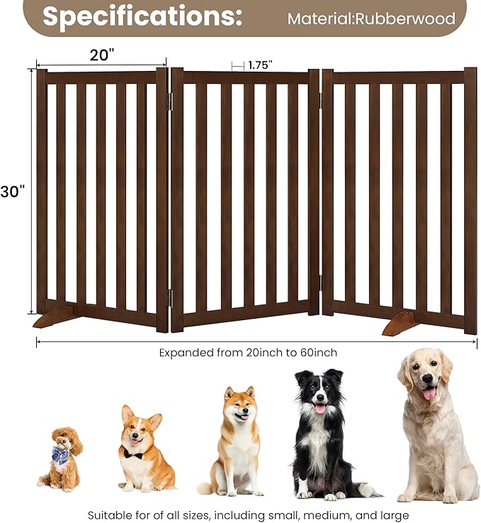 Wire Dog Gate Solid Wood Frame, Anti-Chewing, 3-Panel, 30" Height, 60" Width, Indoor Freestanding Pet Gate Foldable Wooden Dog Fences for Stairs, House, Doorway, Walnut
