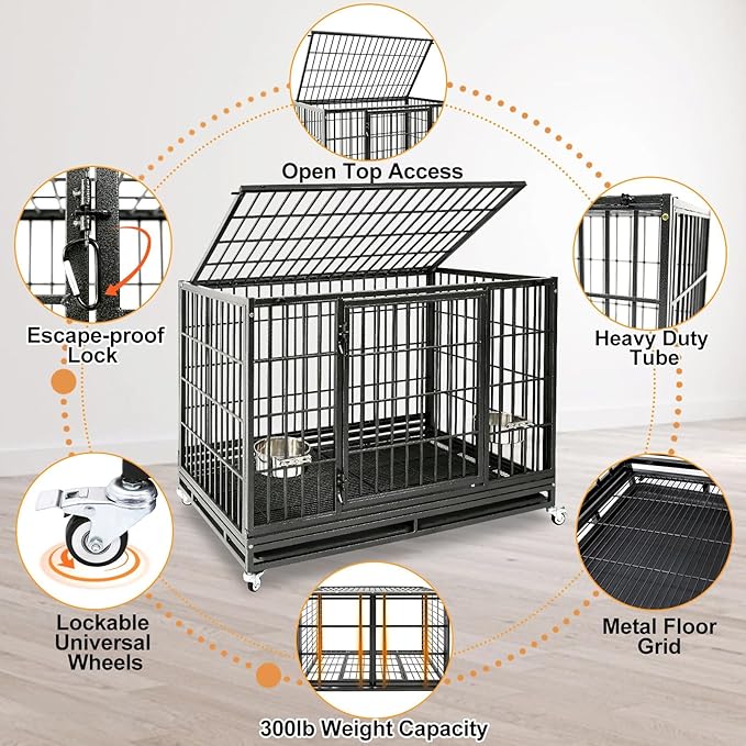 Homey Pet 48 Inch Heavy Duty Indestructible Dog Crate, Stackable Escape Proof Dog Cage Kennel Indoor with Two Trays, Metal Grids, Wheels, Bowls, Double Doors for High Anxiety Large Dogs