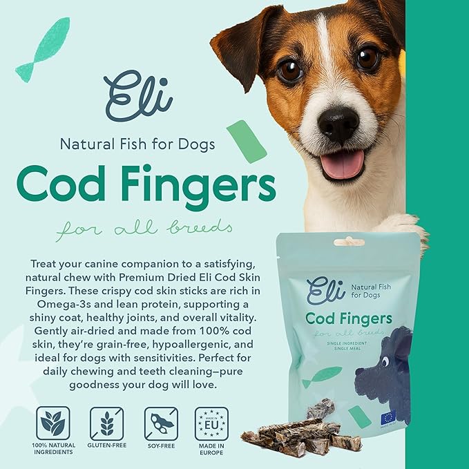 Eli Cod Skin Fingers – A Natural, Crispy Fish Skin Stick Treat for Dogs, High in Protein and Omega-3, Ideal for Teeth Cleaning, Single Ingredient, Grain Free, Gluten Free, Air Dried – 3 oz