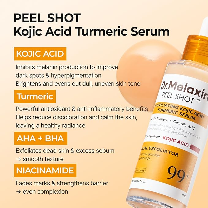 Dr. Melaxin Peel Shot Kojic Acid Turmeric Serum – Exfoliating Dark Spot Corrector with AHA/BHA & Niacinamide, Brightening & Even Tone Facial Serum (80ml / 2.70 fl oz)
