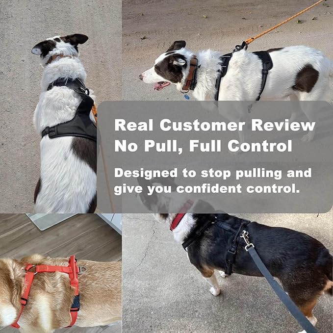 No Pull Dog Harness for Extra Large Dogs, Adjustable, Reflective Breathable Padded Vest with 2 Metal Leash Clips and Handle for Control or Car Seatbelt Use, Red, XL