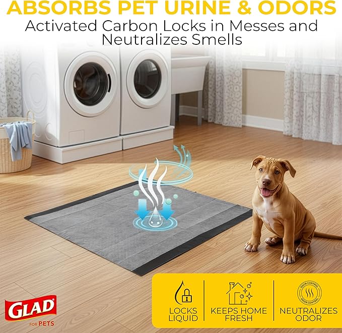 Glad for Pets Black Charcoal Puppy Pads - Super Absorbent Disposable Dog Pee Pads, Potty Training Pads, and Pet Supplies - Dog Pee Pads for Crate Training and Indoor Use 23" x 23" - 50 Count