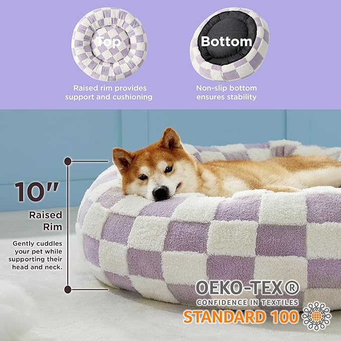 Lesure Shown on TV Donut Large Dog Bed - XL Round Cat Beds Indoor Anti-Anxiety Calming Christmas Bed Present for Pets, Washable Cute Bed with Jacquard Shaggy Plush & Anti Slip Bottom, 36 Inch, Purple
