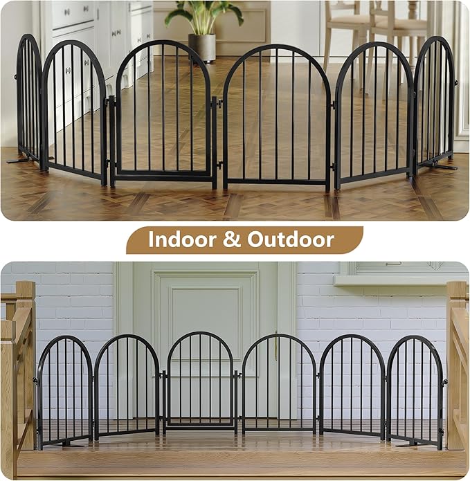 Full Metal Dog Gate with Door for Indoor Outdoor, 24" Tall Free Standing Pet Dog Fence, 108" Extra Wide Pet Gates for Stairs, Hallways, Doorways, Kitchen, Decks, Yards (Black, 6 Panels)