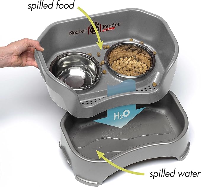 Neater Feeder Deluxe Mess Proof Cat Bowls Elevated for All Breeds – Made in USA – No Spill Raised Cat Bowls for Indoor Cats w/Leg Extensions – Stainless Steel Cat Food and Water Bowl Set - Grey
