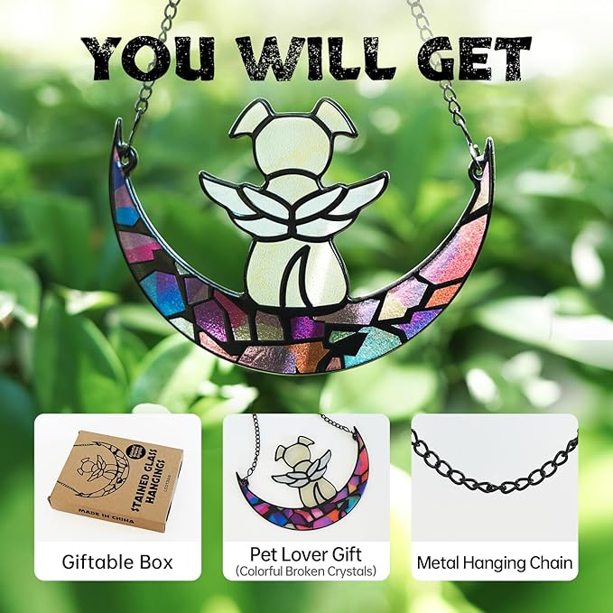 Stained Glass Angel Dog Memorial Suncatcher, Memorial Window Hanging Gifts for Loss of Dog | Sympathy Gifts | Passing Away Remembrance Memory Ornaments for Pet Lovers | Pet Bereavement