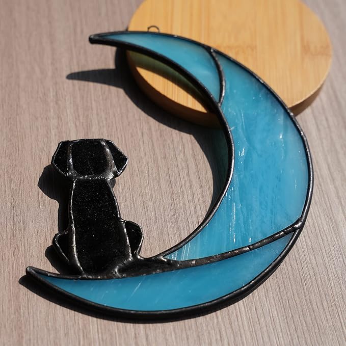 BOXCASA Loss of Dog Sympathy Gift,Stained Glass Dog on Moon Suncatcher Gifts,Black Dog Memorial Gifts for Pet Loss Gifts,Pet Sympathy Gifts for Dog Lovers