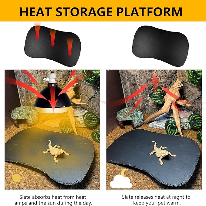 Reptile Basking Platform 13.5''x8.0'' Turtle Rock Slate Feeding Bowl Food Dish Feed Plate Tortoise Bathing Resting Slab for Lizard Gecko Bearded Dragon Chameleon Snake Frog