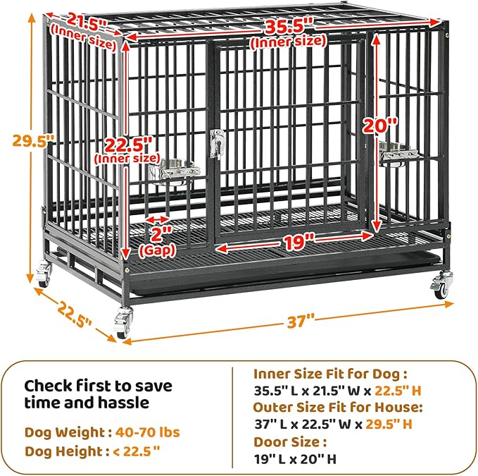Homey Pet 37 Inch Heavy Duty Dog Crate for Medium Dogs, Stackable Dog Cage with Four Lockable Wheels, Removable Tray & Grid, Open Top, Escape Proof Dog Kennel Indoor