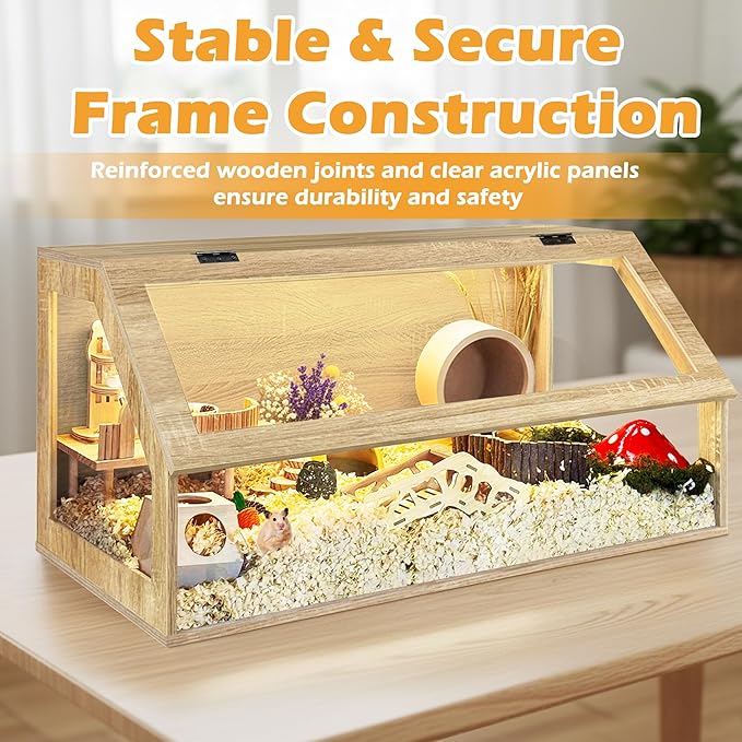 PROLEE Hamster Cage Chewproof, Sloped Mice and Rat Habitat with Clear View, Solid Built with Lockable Design and Openable Top (White Oak)