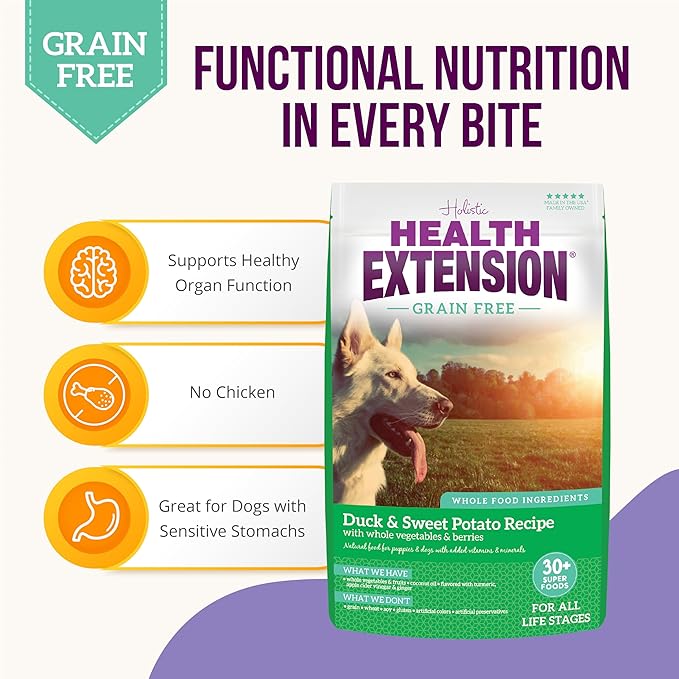 Health Extension Grain Free Duck & Sweet Potato Dry Dog Food - 30+ Superfoods and Probiotics for All Life Stages (4lb)