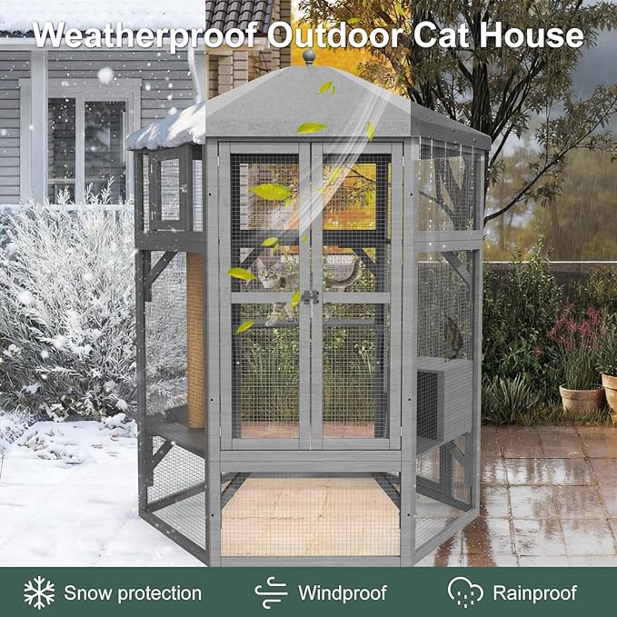 Catio Outdoor Cat Enclosure, Large Indoor Cat Catio for Multiple Cats with Window Access & Waterproof Roof, Includes Cats House, Multiple Platforms & Scratching Post, 65" Kitty Cage, Grey