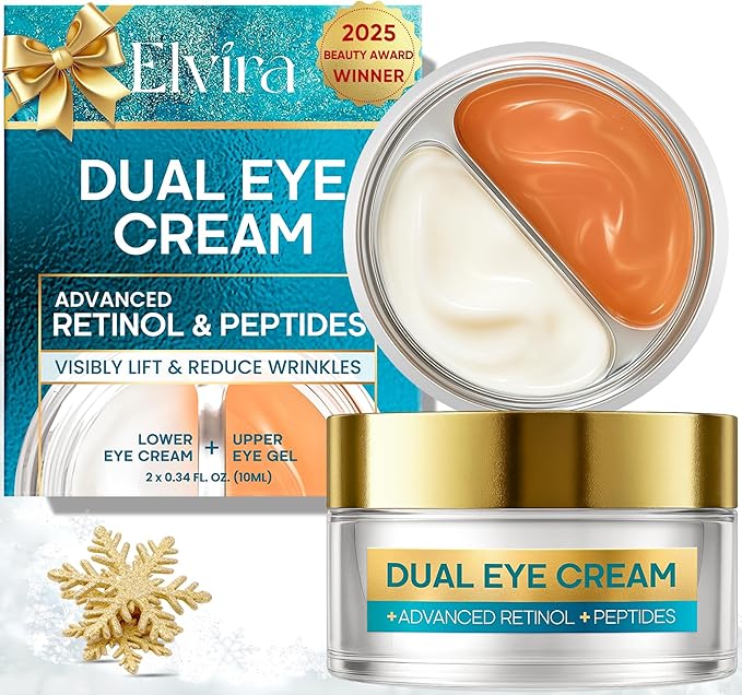 Elvira Dual Eye Cream for Dark Circles, Puffiness, Eye Bags, Wrinkles, Age-Defying, Tightening, and Moisturizing with Advanced Retinol, Five-Peptide Complex, and Stem Cell Extracts – 0.68 OZ