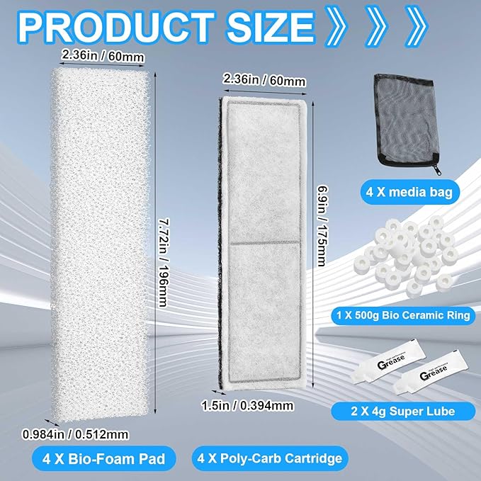 15 Pcs / 2 Set Underwater Filter Media Compatible with Fluval U3, Including 4 Filter Foam Pad, 4 Poly/Carbon, 500g Bio-Ring, 4 Mesh Bags, 2 Grease, for Freshwater Saltwater Aquariums