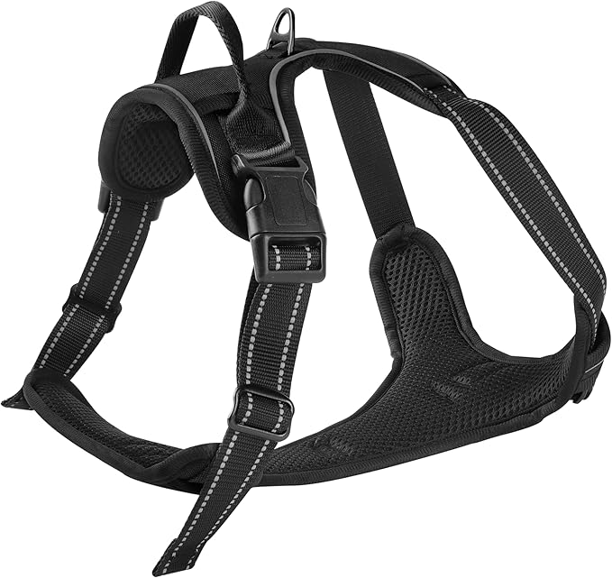 Adjustable Reflective Black No-Pull Dog Harness with 2 Leash Clips，Soft Padded Vest for Large Dog, Easy to Put on and Take Off, Black L