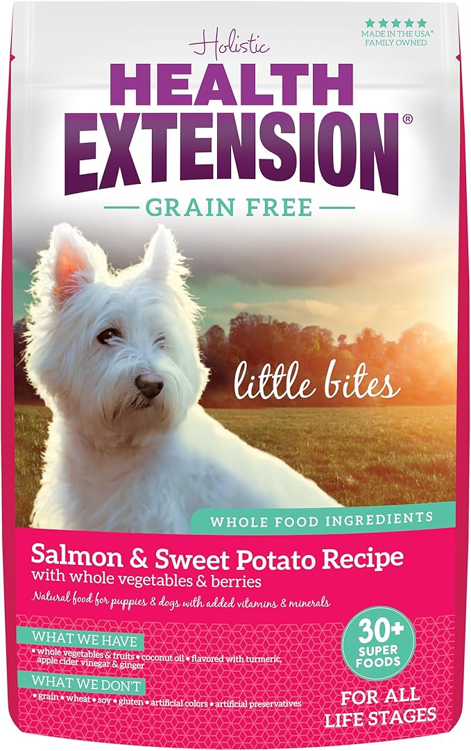 Health Extension Grain Free Salmon & Sweet Potato Little Bites Small Kibble Formula with 30+ Superfoods, Omega 3, and Probiotics for Teacups, Toys & Miniature Dogs (3.5lb)